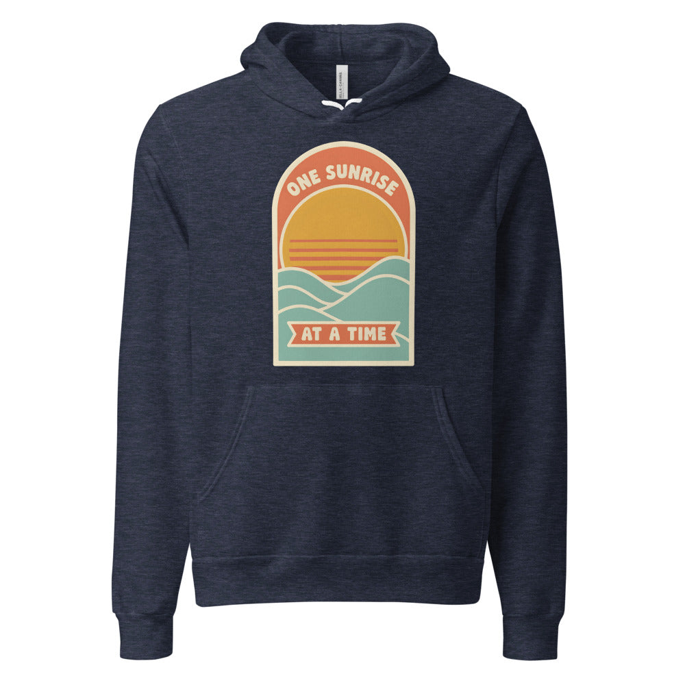 One Sunrise at a Time retro sunrise hoodie — Heather Navy, front