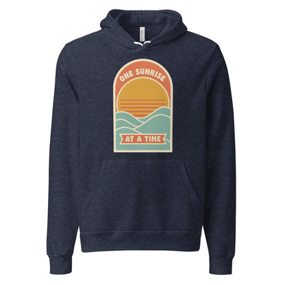 One Sunrise at a Time retro sunrise hoodie — Heather Navy, front