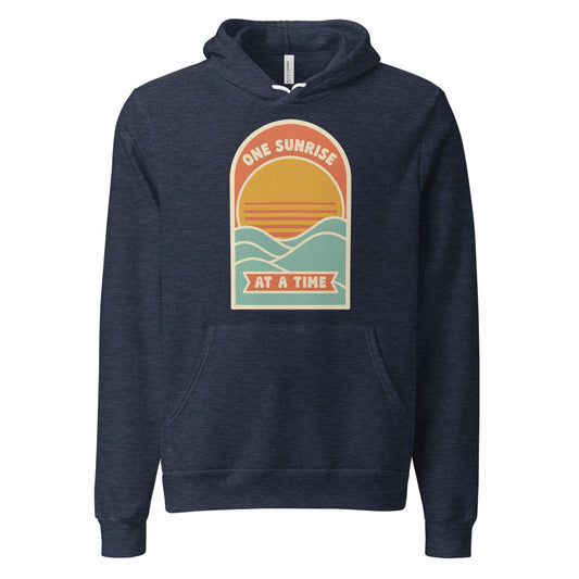 One Sunrise at a Time retro sunrise hoodie — Heather Navy, front