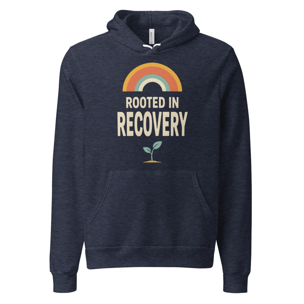 Rooted in Recovery retro rainbow hoodie — Heather Navy, front