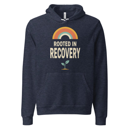 Rooted in Recovery retro rainbow hoodie — Heather Navy, front