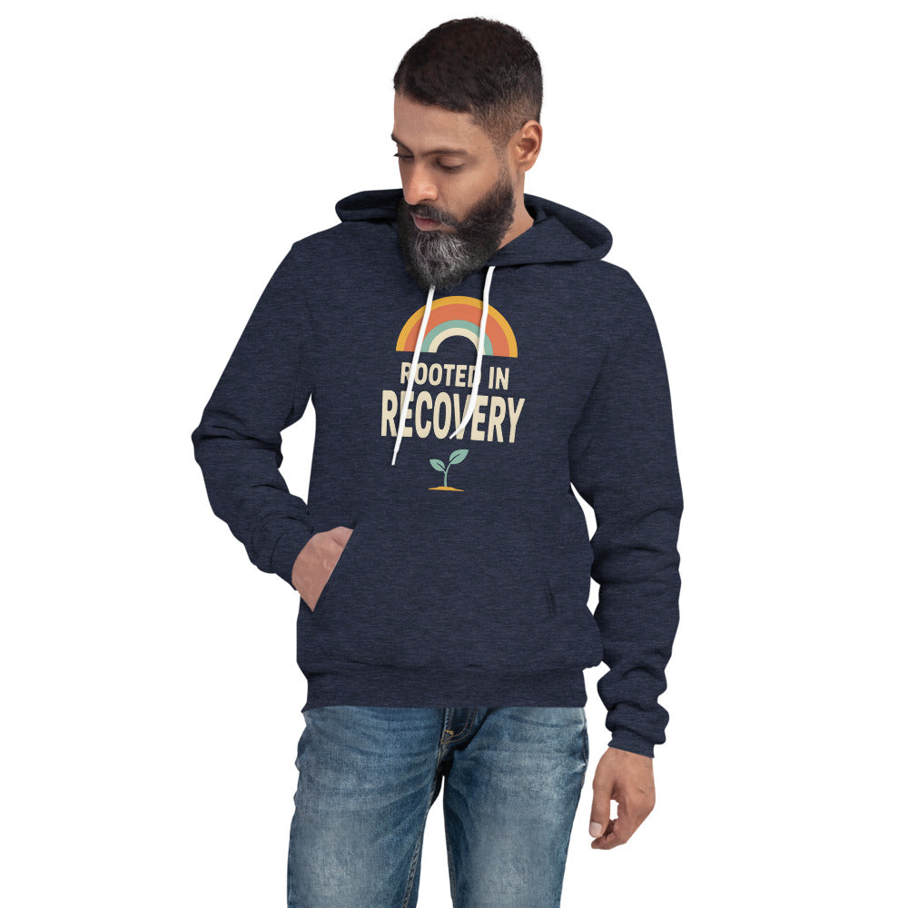Rooted in Recovery retro rainbow hoodie — Heather Navy, on model