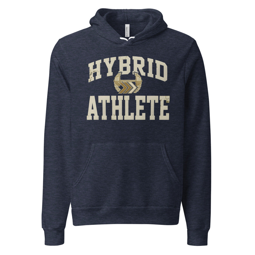 Hybrid Athlete vintage varsity hoodie — Heather Navy, front