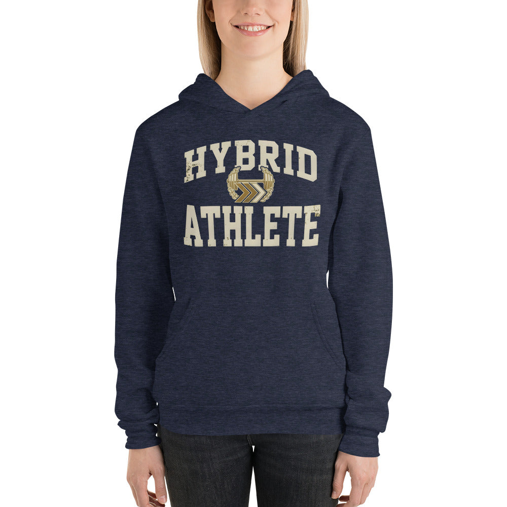 Hybrid Athlete vintage varsity hoodie — Heather Navy, on model