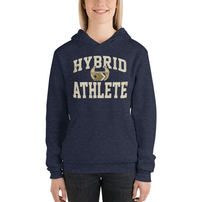 Hybrid Athlete vintage varsity hoodie — Heather Navy, on model