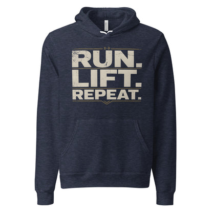 Run Lift Repeat vintage athletic hoodie — Heather Navy, front