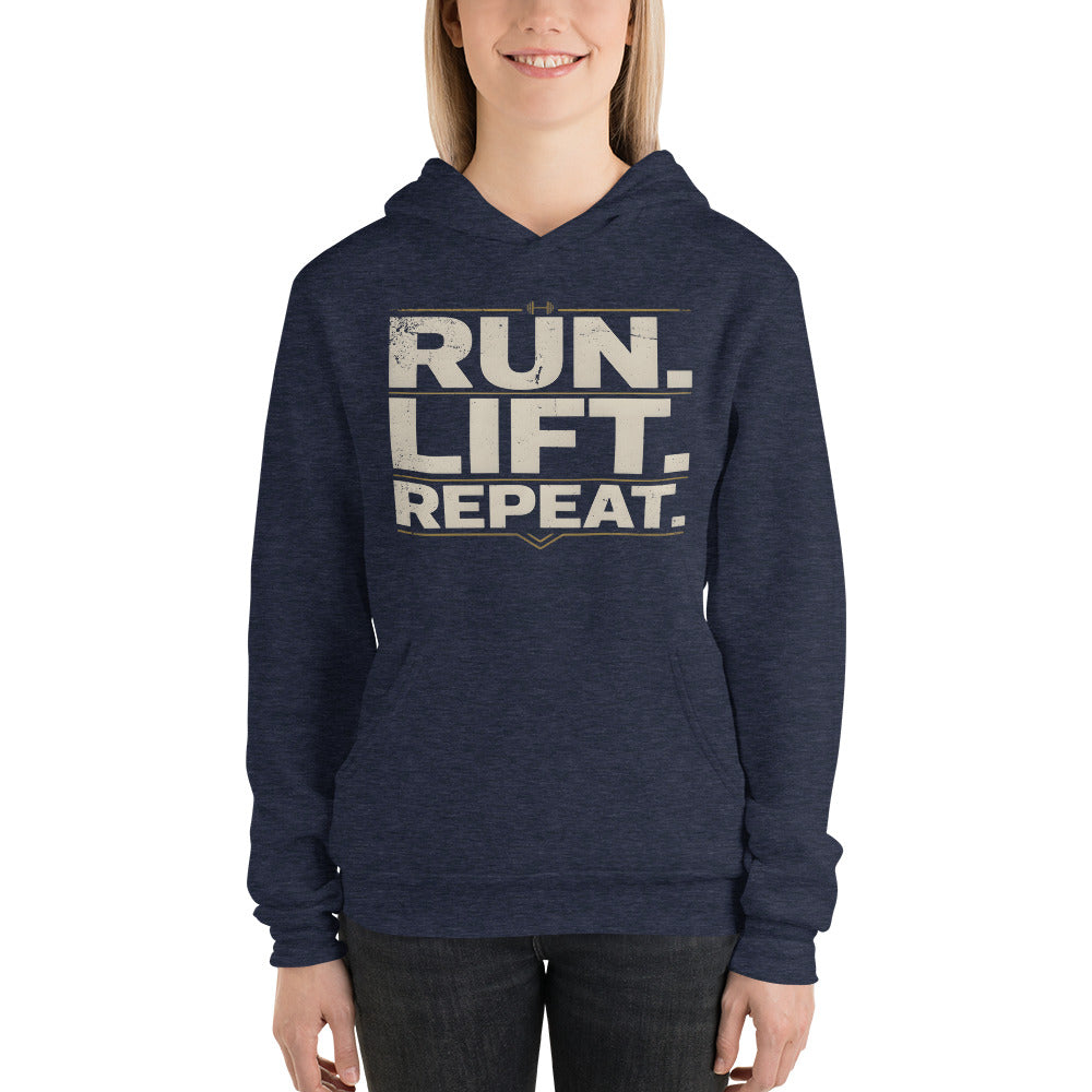 Run Lift Repeat vintage athletic hoodie — Heather Navy, on model