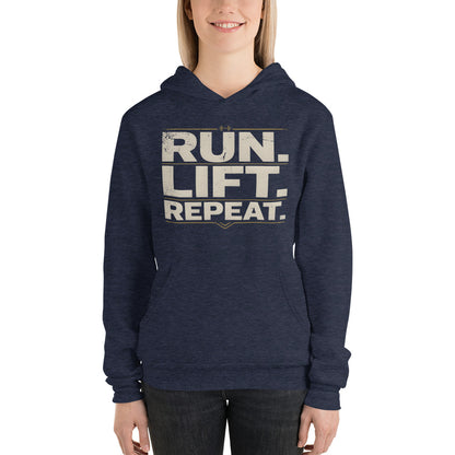 Run Lift Repeat vintage athletic hoodie — Heather Navy, on model