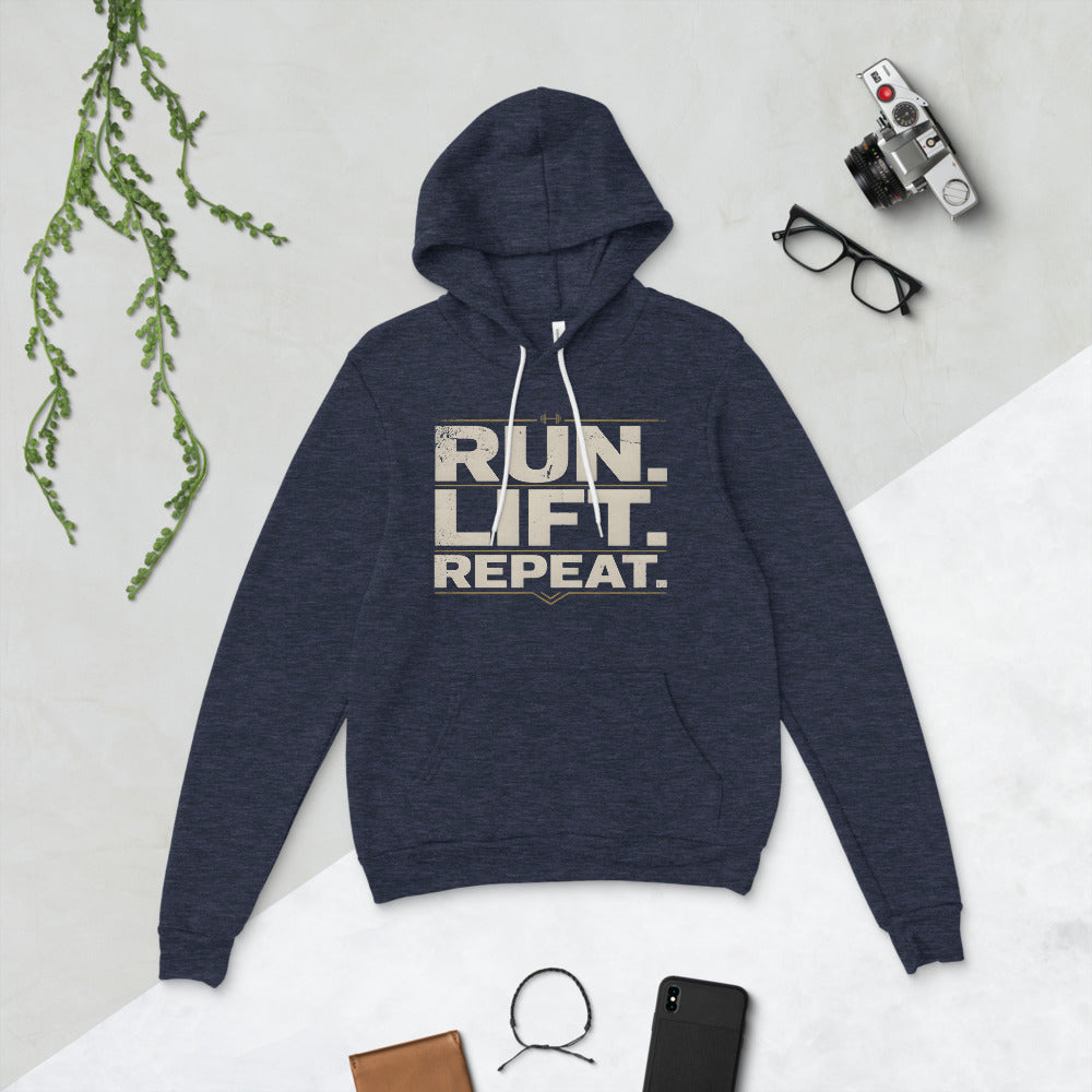 Run Lift Repeat vintage athletic hoodie — Heather Navy, flat lay