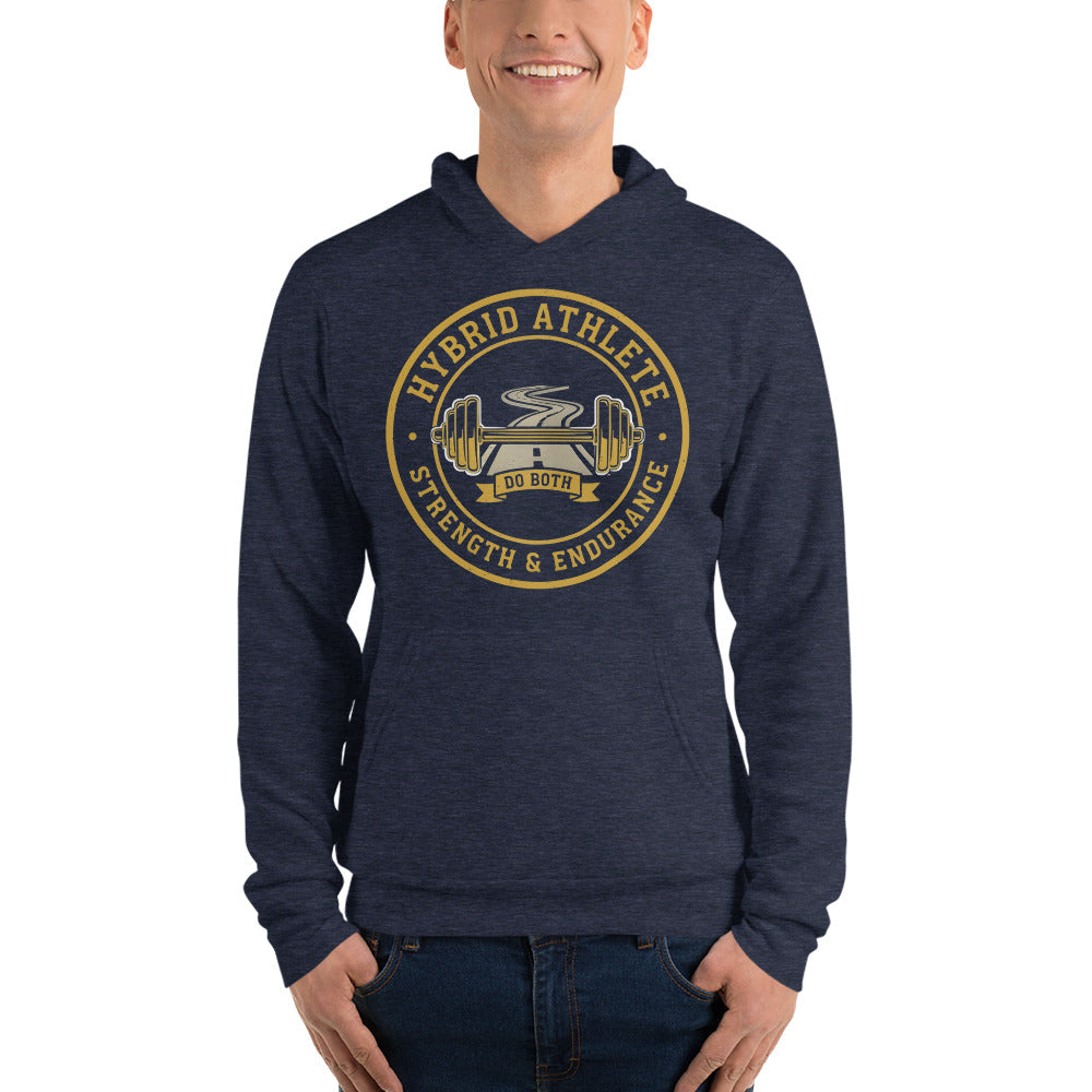Hybrid Athlete vintage athletic-department crest hoodie — Heather Navy, on model