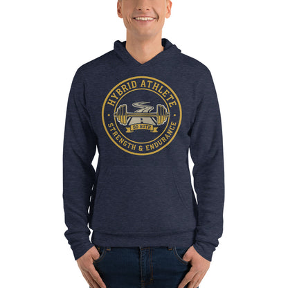 Hybrid Athlete vintage athletic-department crest hoodie — Heather Navy, on model