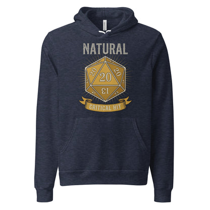 Natural 20 critical hit d20 tabletop RPG hoodie — Heather Navy, front