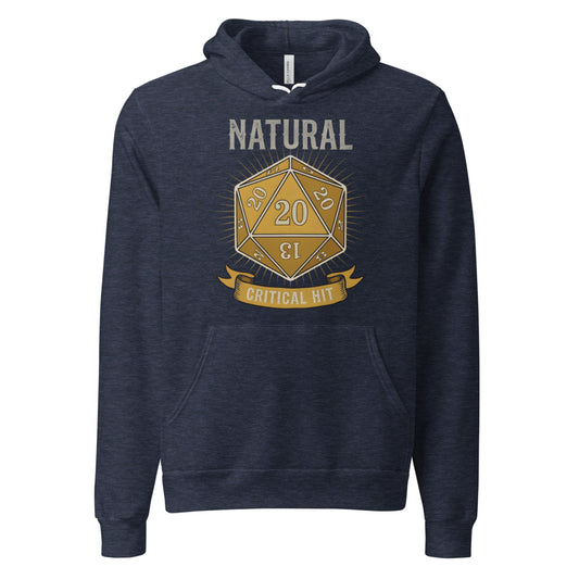 Natural 20 critical hit d20 tabletop RPG hoodie — Heather Navy, front