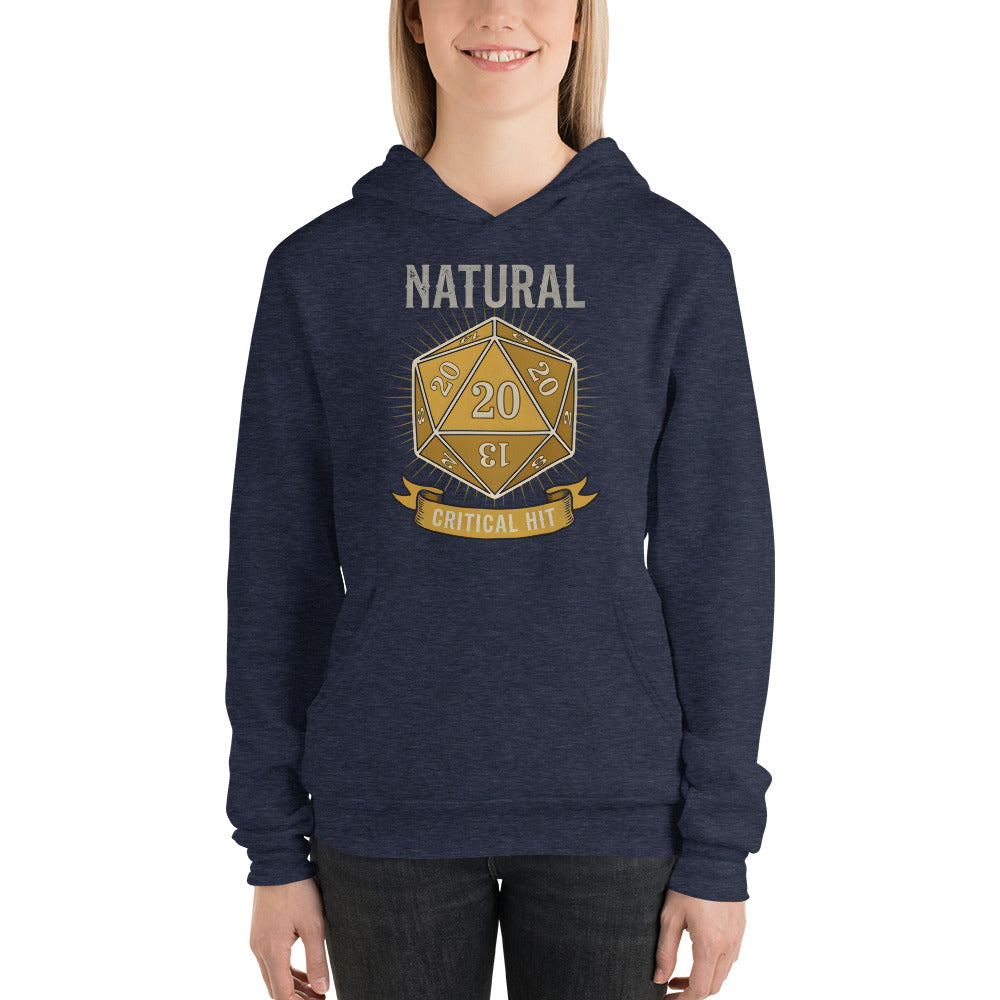 Natural 20 critical hit d20 tabletop RPG hoodie — Heather Navy, on model