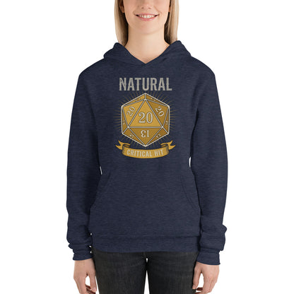 Natural 20 critical hit d20 tabletop RPG hoodie — Heather Navy, on model