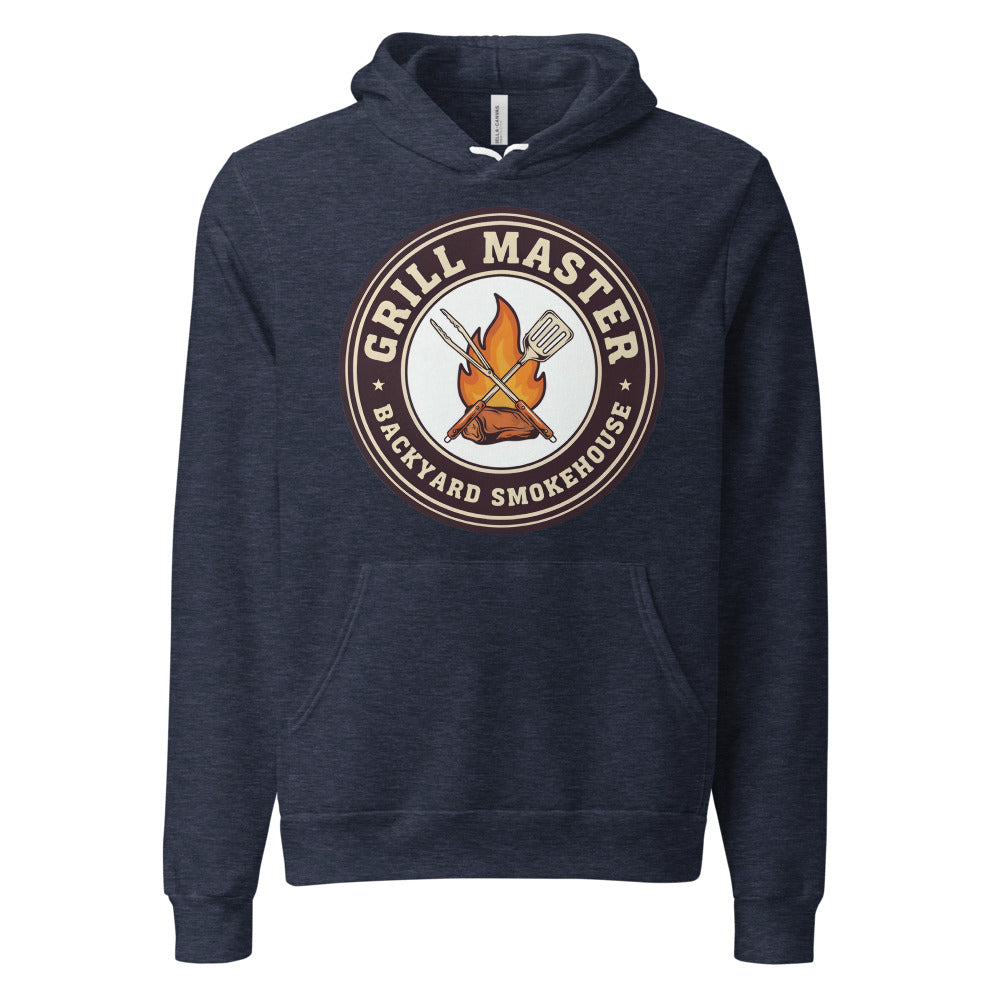 Grill Master retro backyard smokehouse hoodie — Heather Navy, front