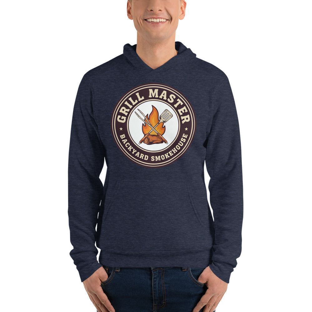 Grill Master retro backyard smokehouse hoodie — Heather Navy, on model