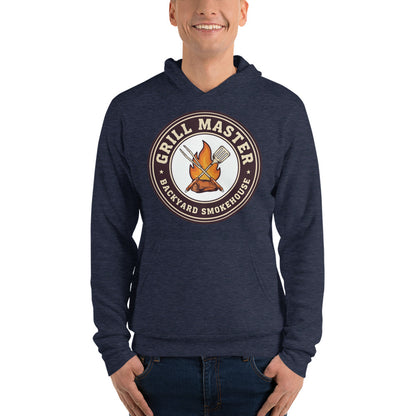 Grill Master retro backyard smokehouse hoodie — Heather Navy, on model