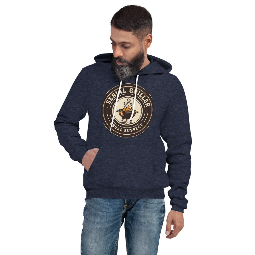 Serial Griller funny BBQ hoodie — Heather Navy, on model