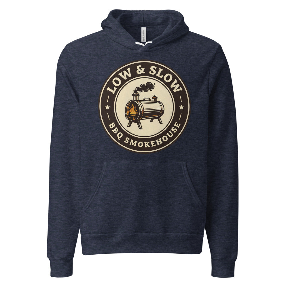 Low & Slow BBQ smoker hoodie — Heather Navy, front