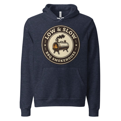 Low & Slow BBQ smoker hoodie — Heather Navy, front