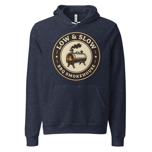 Low & Slow BBQ smoker hoodie — Heather Navy, front