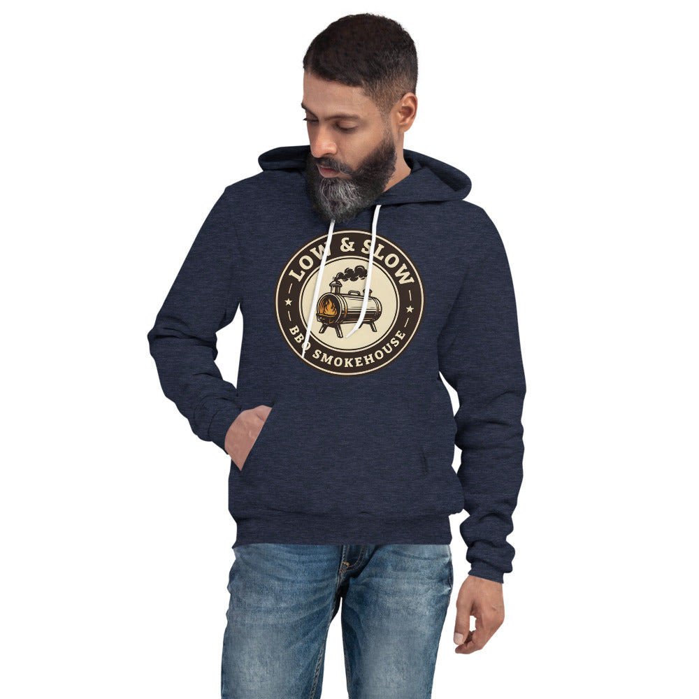 Low & Slow BBQ smoker hoodie — Heather Navy, on model