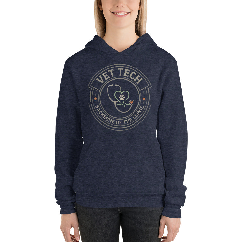 Vet Tech Crest retro veterinary technician hoodie — Heather Navy, on model