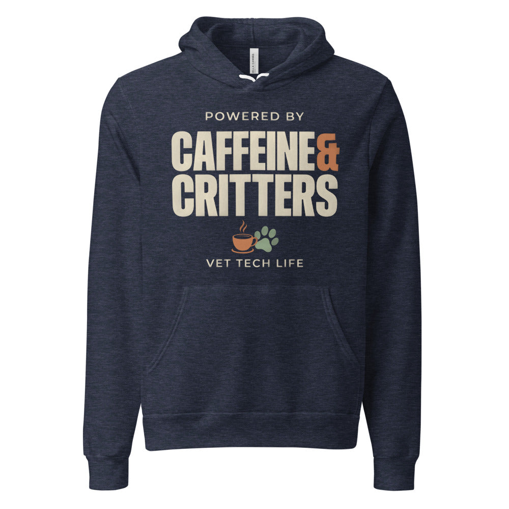 Powered by Caffeine & Critters funny vet tech hoodie — Heather Navy, front