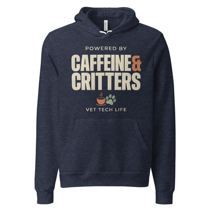 Powered by Caffeine & Critters funny vet tech hoodie — Heather Navy, front