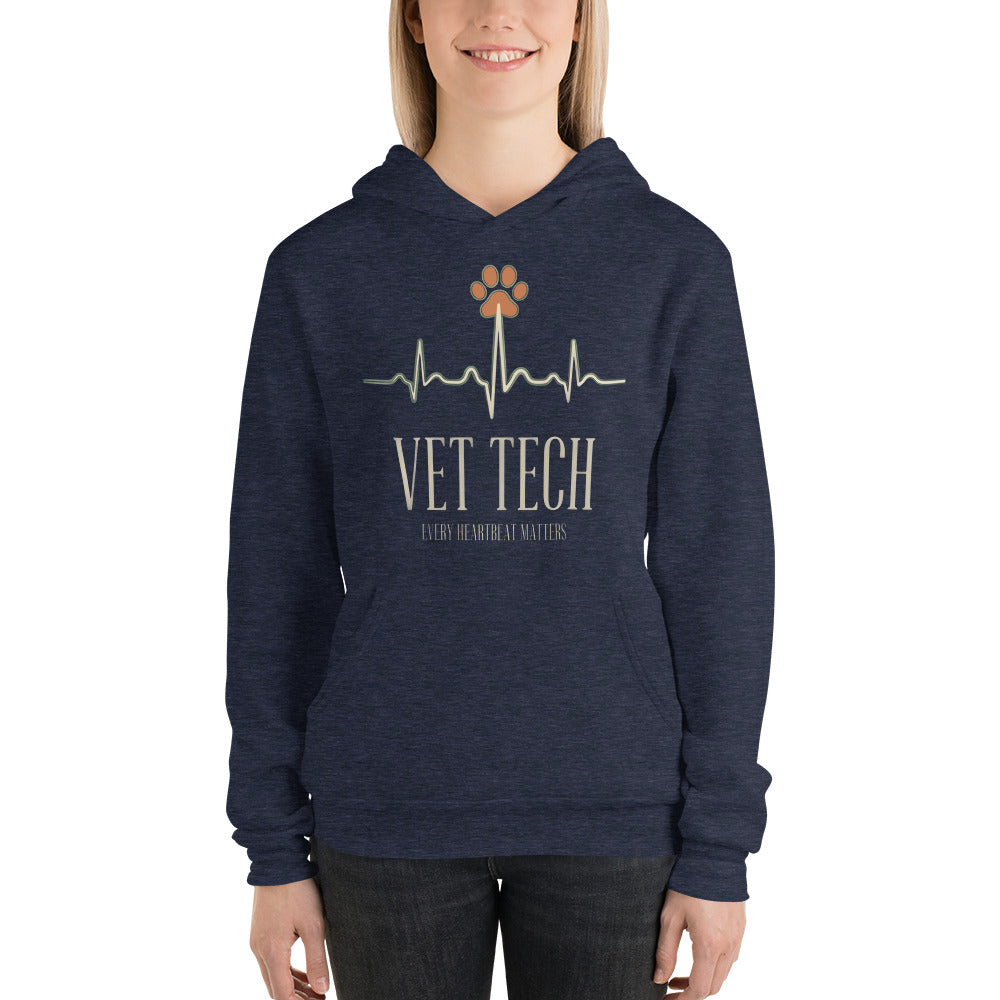 Every Heartbeat Matters minimalist vet tech hoodie — Heather Navy, on model