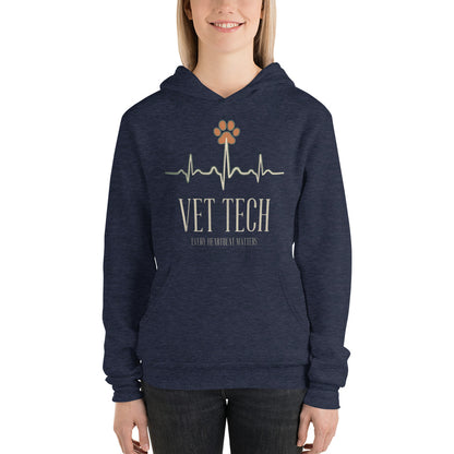 Every Heartbeat Matters minimalist vet tech hoodie — Heather Navy, on model