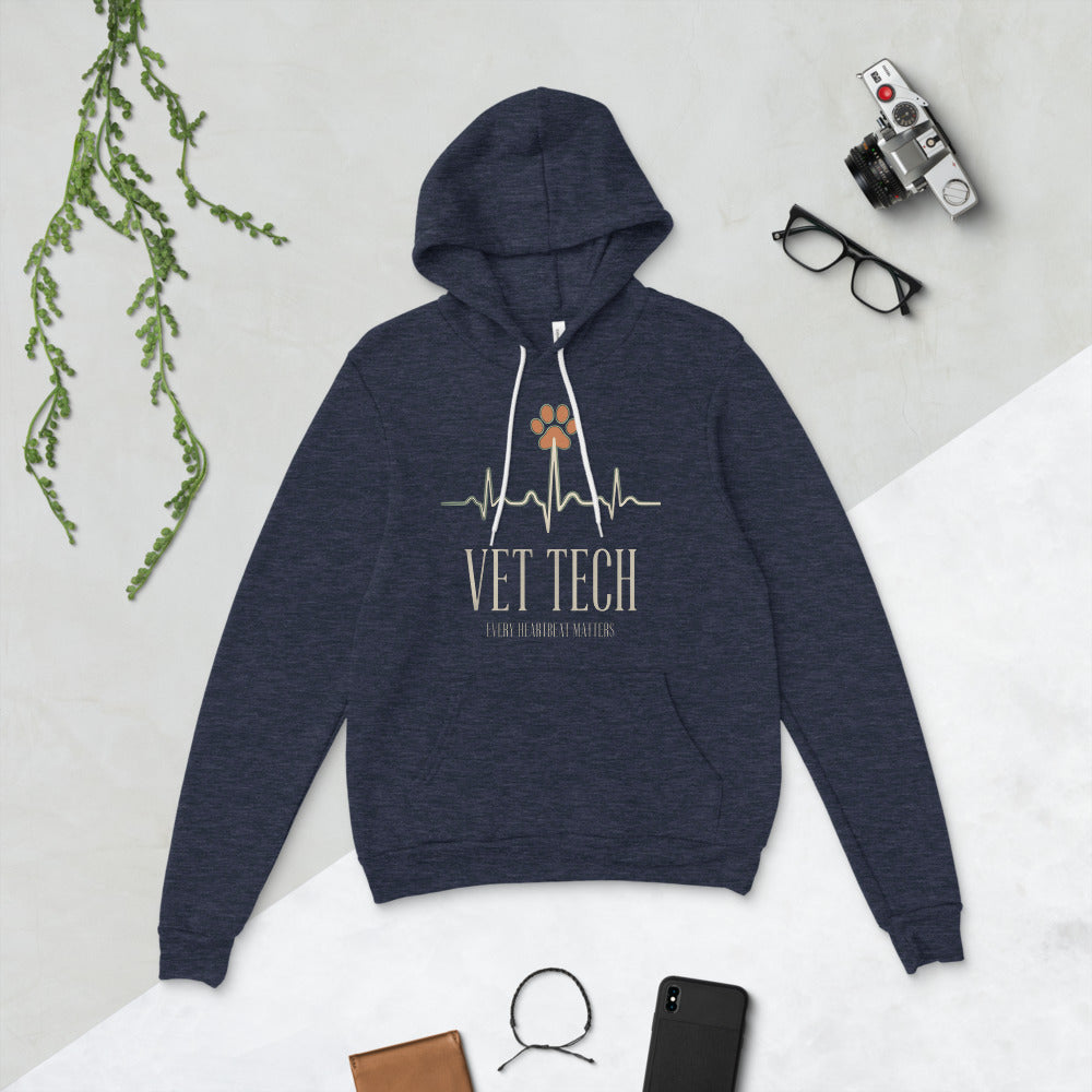 Every Heartbeat Matters minimalist vet tech hoodie — Heather Navy, flat lay