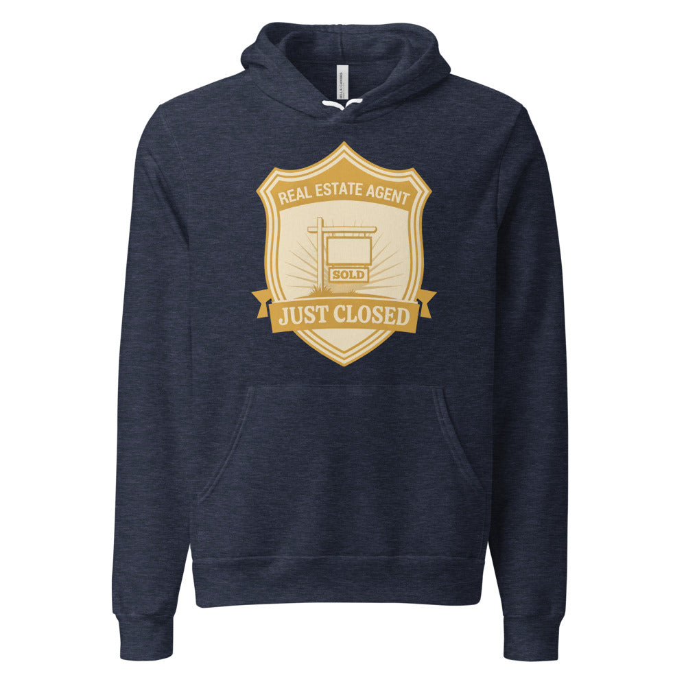 Just Closed real estate agent hoodie — Heather Navy, front