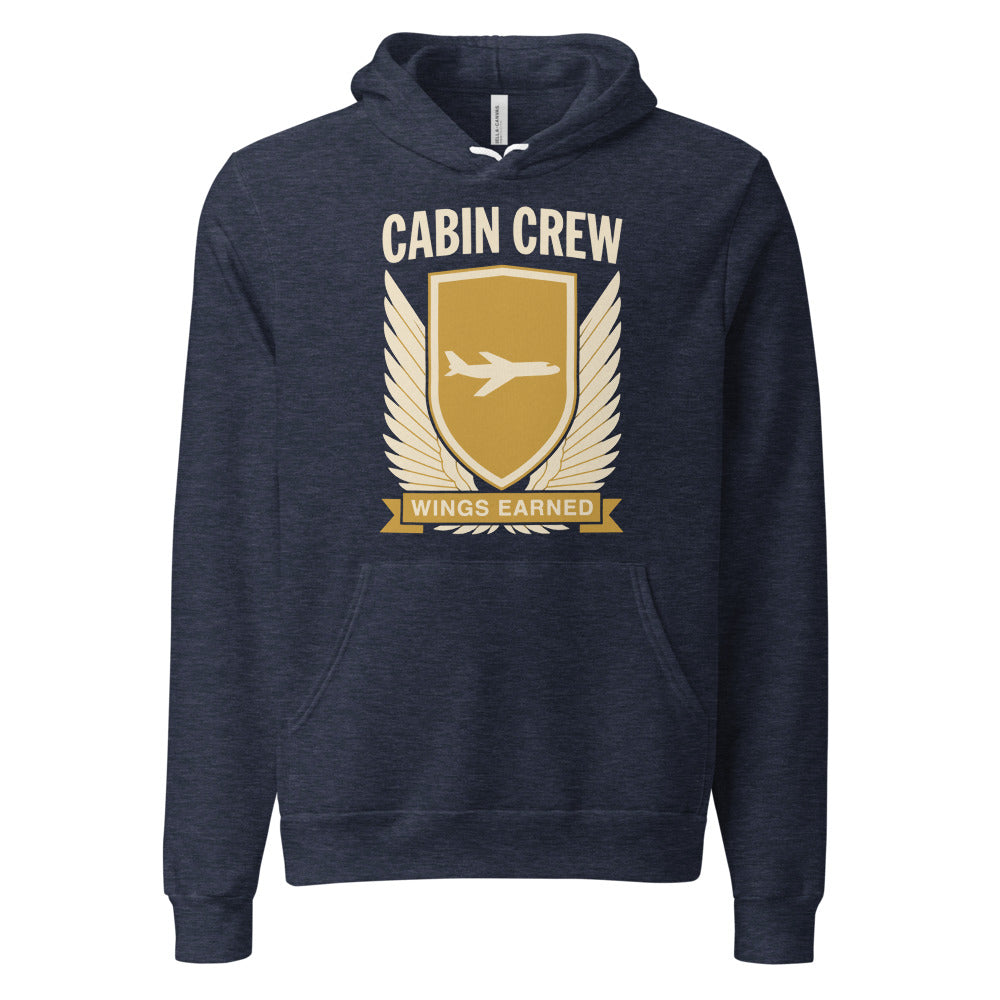 Wings Earned flight attendant hoodie — Heather Navy, front
