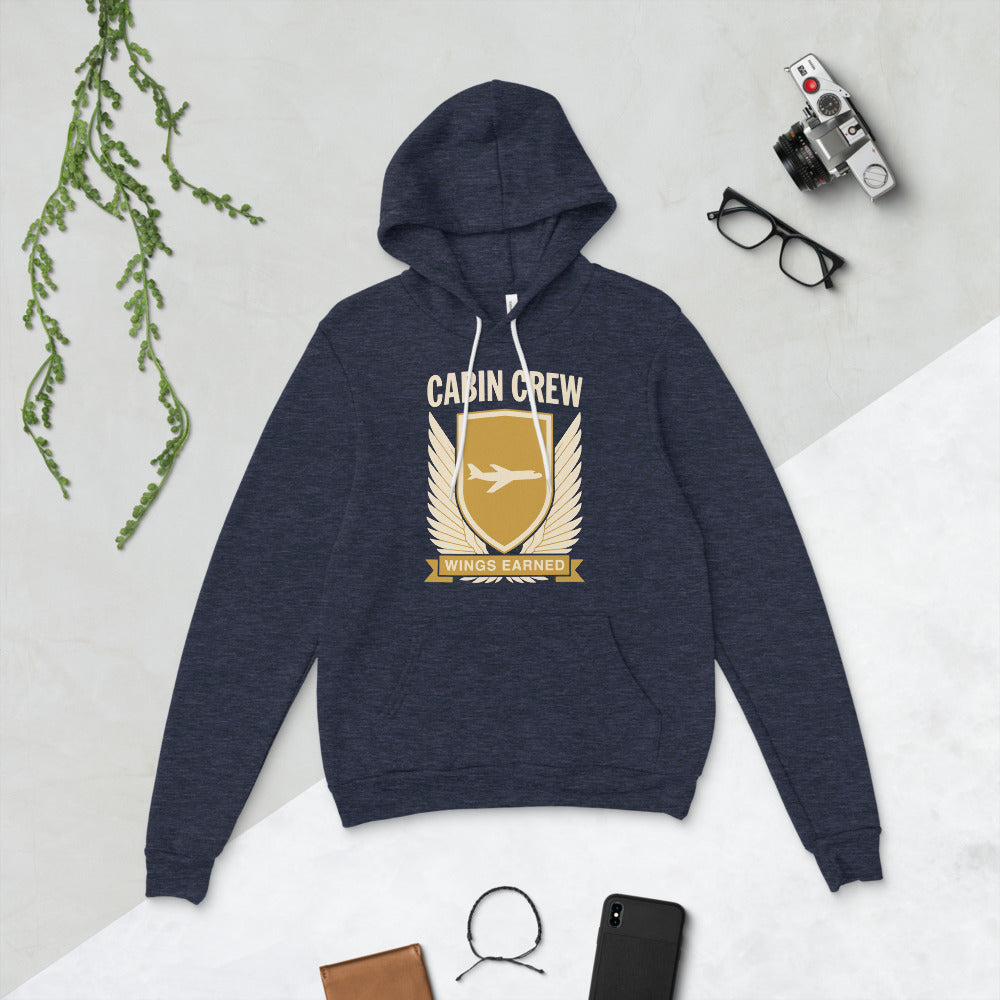 Wings Earned flight attendant hoodie — Heather Navy, flat lay