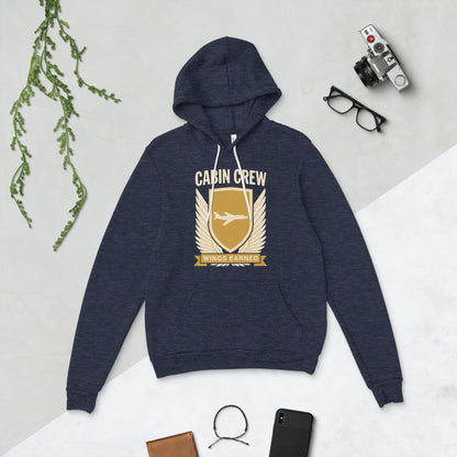Wings Earned flight attendant hoodie — Heather Navy, flat lay