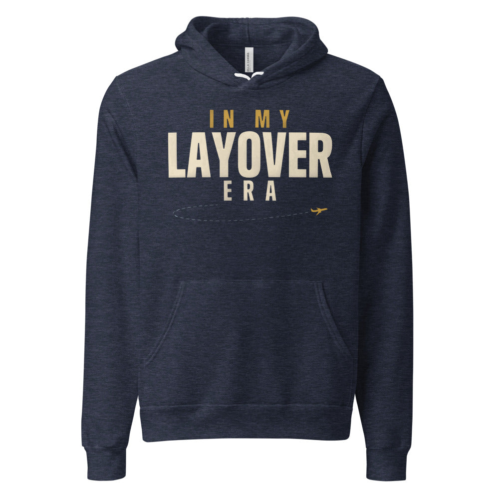 In My Layover Era flight attendant hoodie — Heather Navy, front