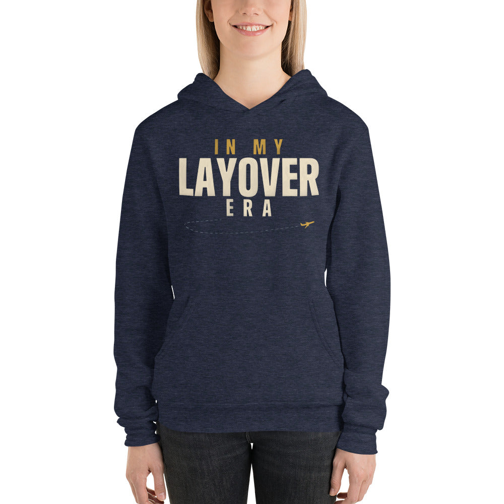 In My Layover Era flight attendant hoodie — Heather Navy, on model