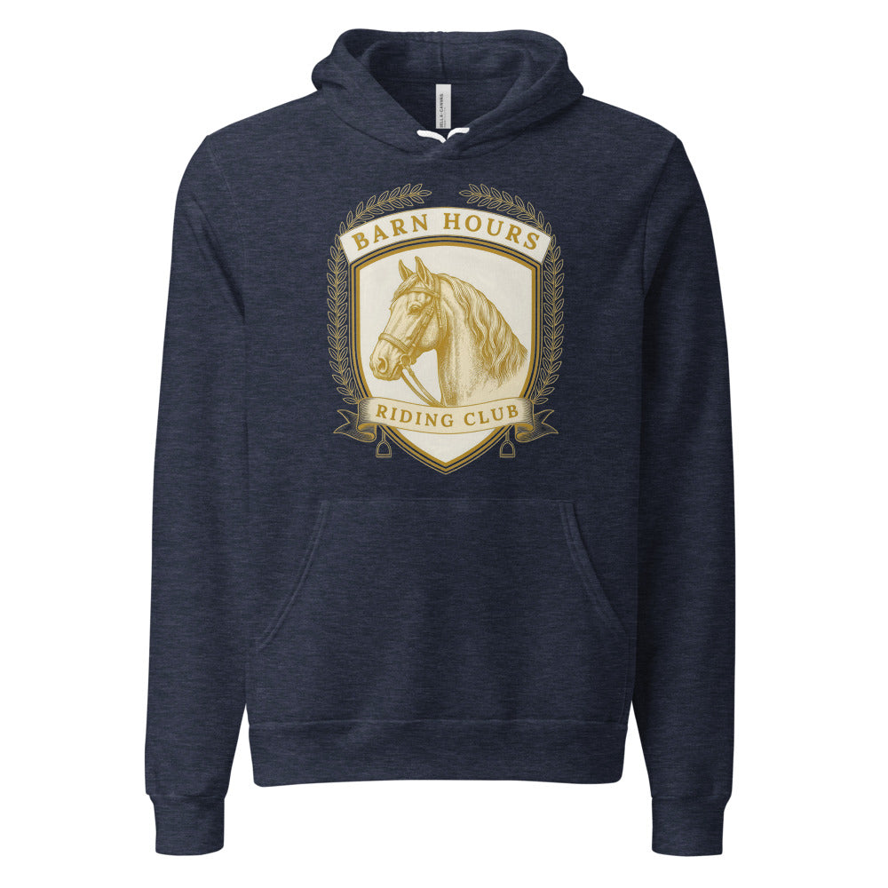Barn Hours Riding Club vintage equestrian stable crest hoodie — Heather Navy, front