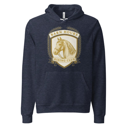 Barn Hours Riding Club vintage equestrian stable crest hoodie — Heather Navy, front