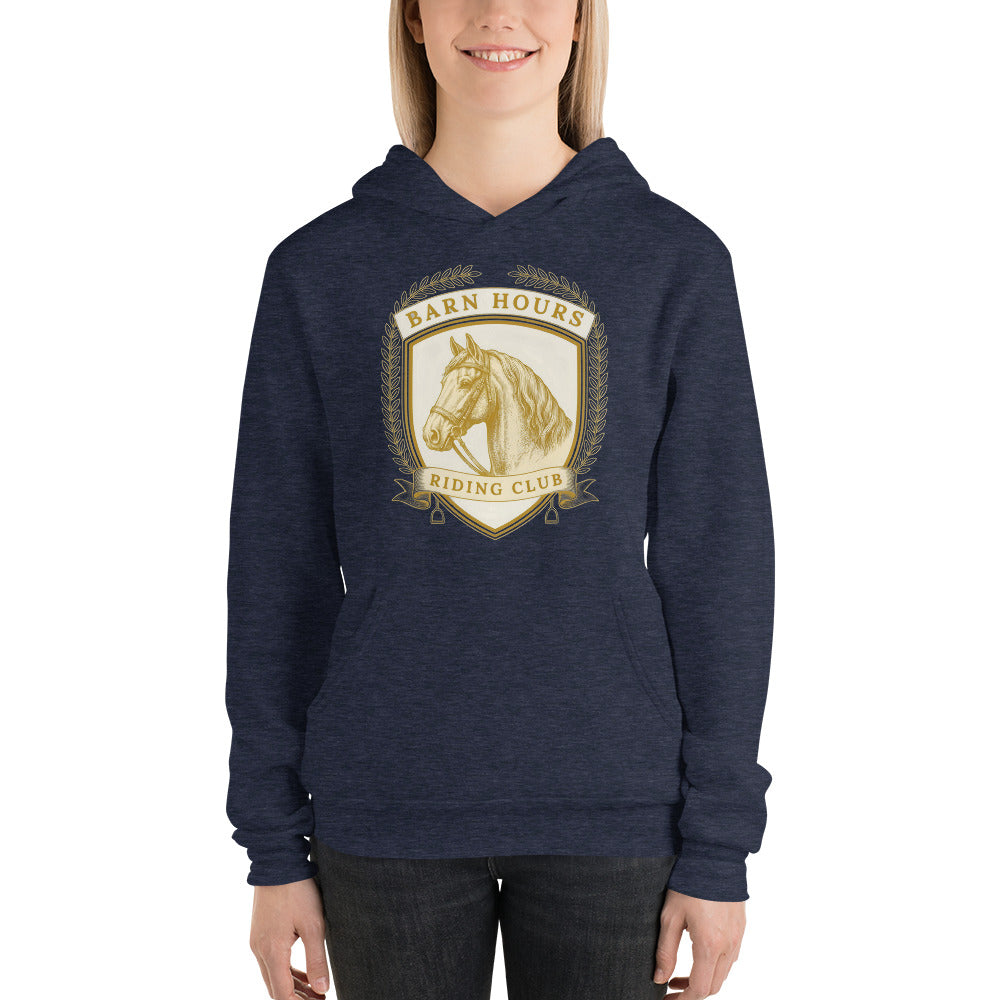 Barn Hours Riding Club vintage equestrian stable crest hoodie — Heather Navy, on model
