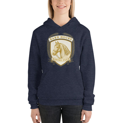 Barn Hours Riding Club vintage equestrian stable crest hoodie — Heather Navy, on model