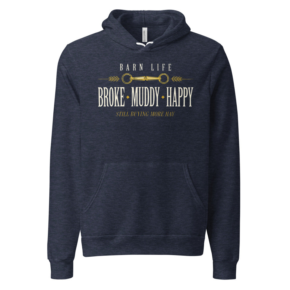 Broke Muddy Happy funny barn life equestrian hoodie — Heather Navy, front