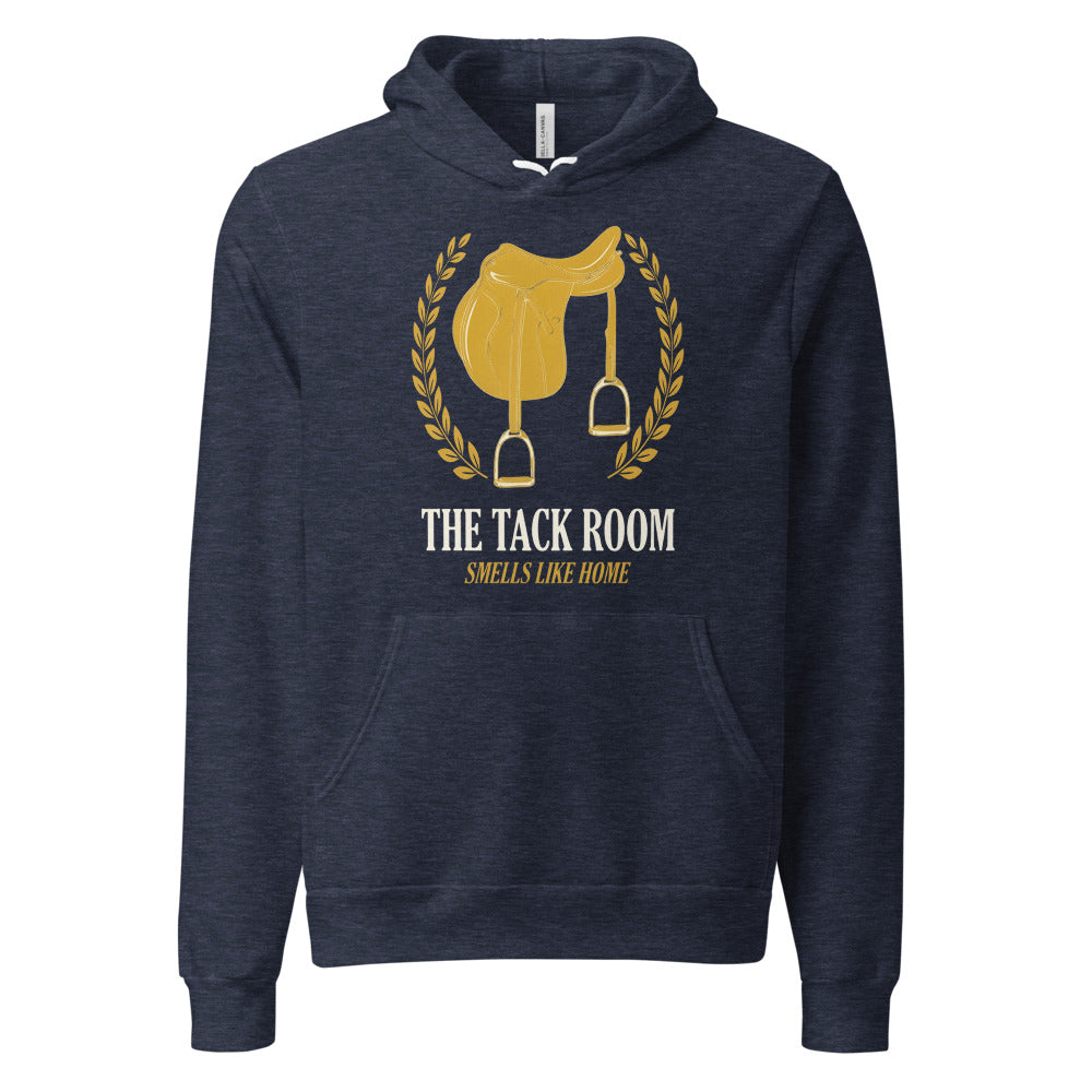 The Tack Room engraved equestrian saddle crest hoodie — Heather Navy, front