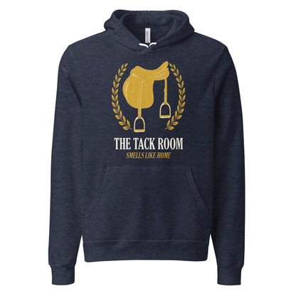 The Tack Room engraved equestrian saddle crest hoodie — Heather Navy, front