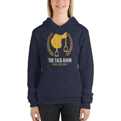 The Tack Room engraved equestrian saddle crest hoodie — Heather Navy, on model