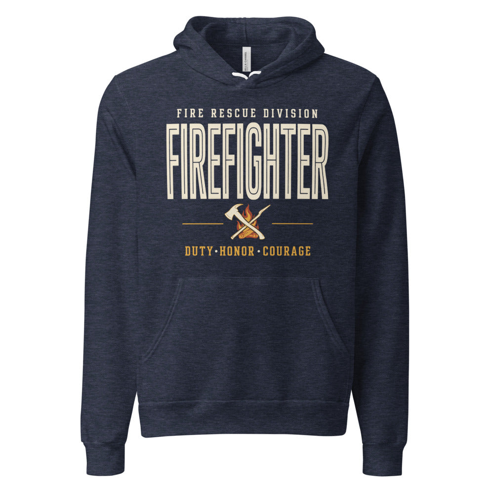 Firefighter collegiate wordmark retro fire-rescue hoodie — Heather Navy, front