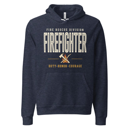 Firefighter collegiate wordmark retro fire-rescue hoodie — Heather Navy, front