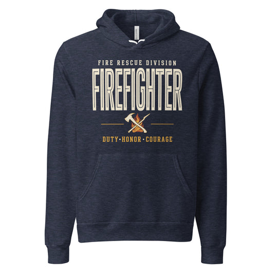 Firefighter collegiate wordmark retro fire-rescue hoodie — Heather Navy, front
